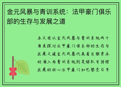 金元风暴与青训系统：法甲豪门俱乐部的生存与发展之道