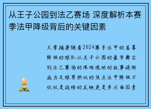 从王子公园到法乙赛场 深度解析本赛季法甲降级背后的关键因素
