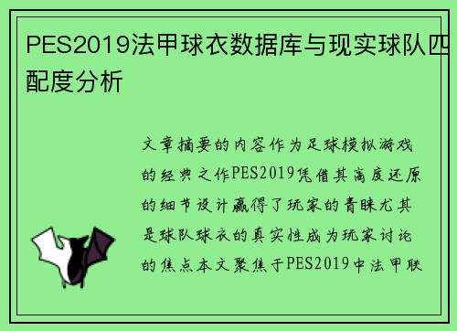 PES2019法甲球衣数据库与现实球队匹配度分析